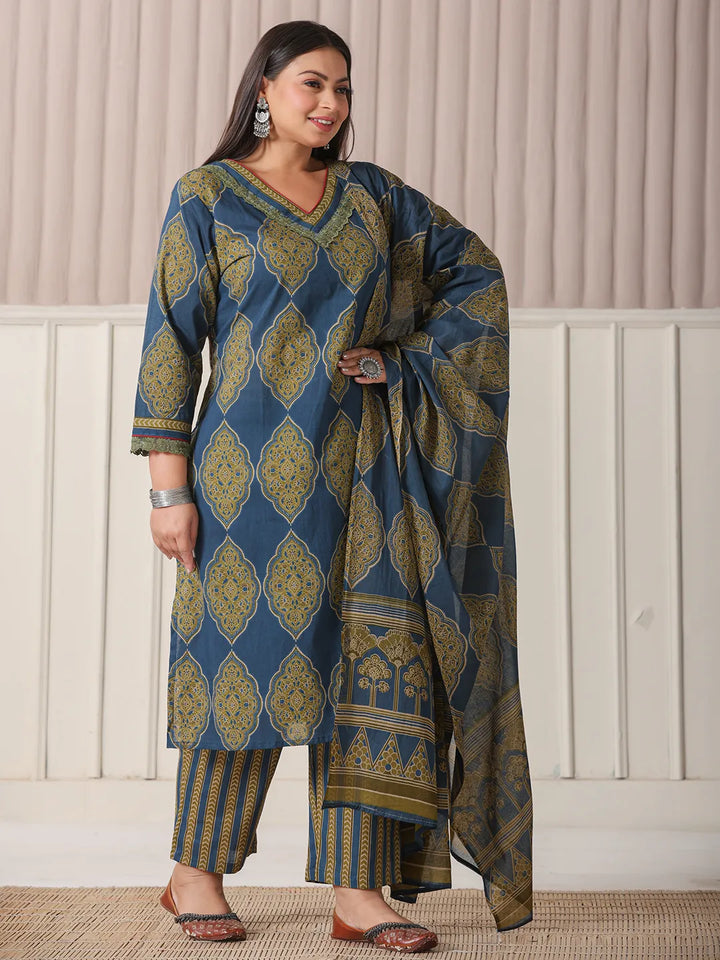Blue Block Print Cotton Lace Work Plus Size Kurta Set With Pant & Dupatta-Yufta Store-6360PSKDBL3XL