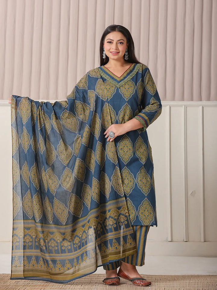 Blue Block Print Cotton Lace Work Plus Size Kurta Set With Pant & Dupatta-Yufta Store-6360PSKDBL3XL