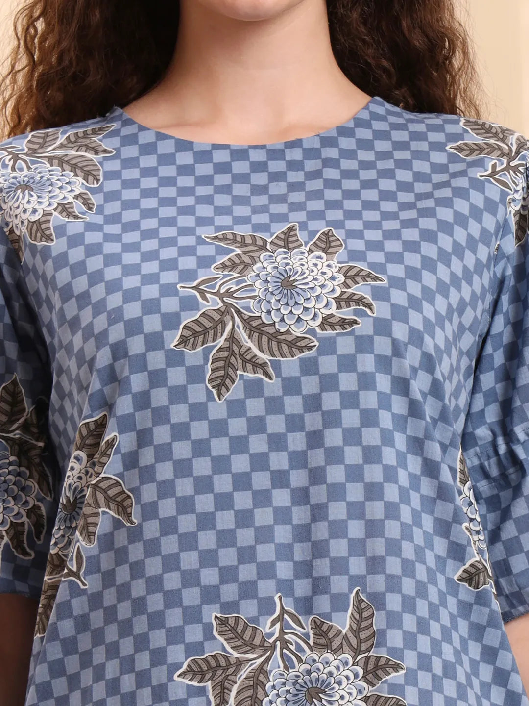 Blue Checked Print Straight Kurta Trouser Set