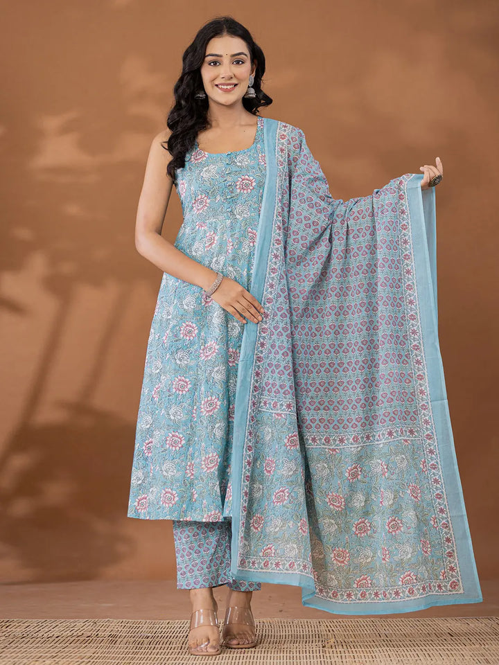 Blue Cotton Anarkali Square Neck Kurta Dupatta Set-Yufta Store-7155SKDBLS