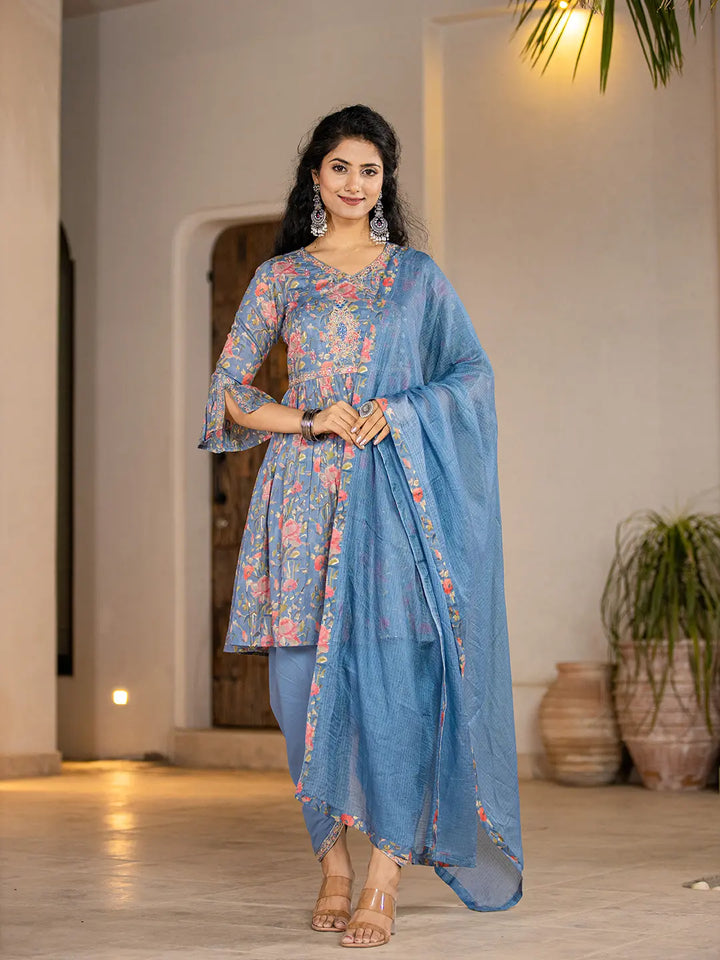 Blue Cotton Beads And Stones A-Line Gathers Kurta And Dhoti Pants With Dupatta Set-Yufta Store-1694SKDBLS