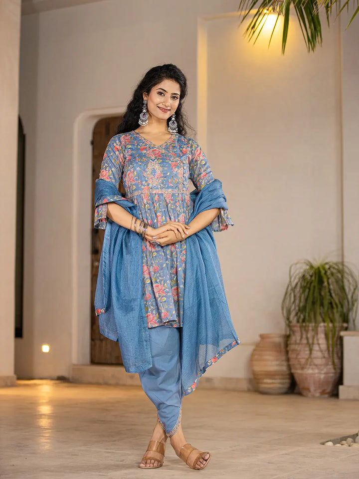 Blue Cotton Beads And Stones A-Line Gathers Kurta And Dhoti Pants With Dupatta Set-Yufta Store-1694SKDBLS