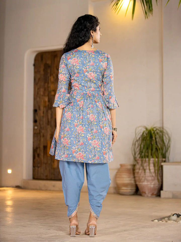 Blue Cotton Beads And Stones A-Line Gathers Kurta And Dhoti Pants With Dupatta Set-Yufta Store-1694SKDBLS