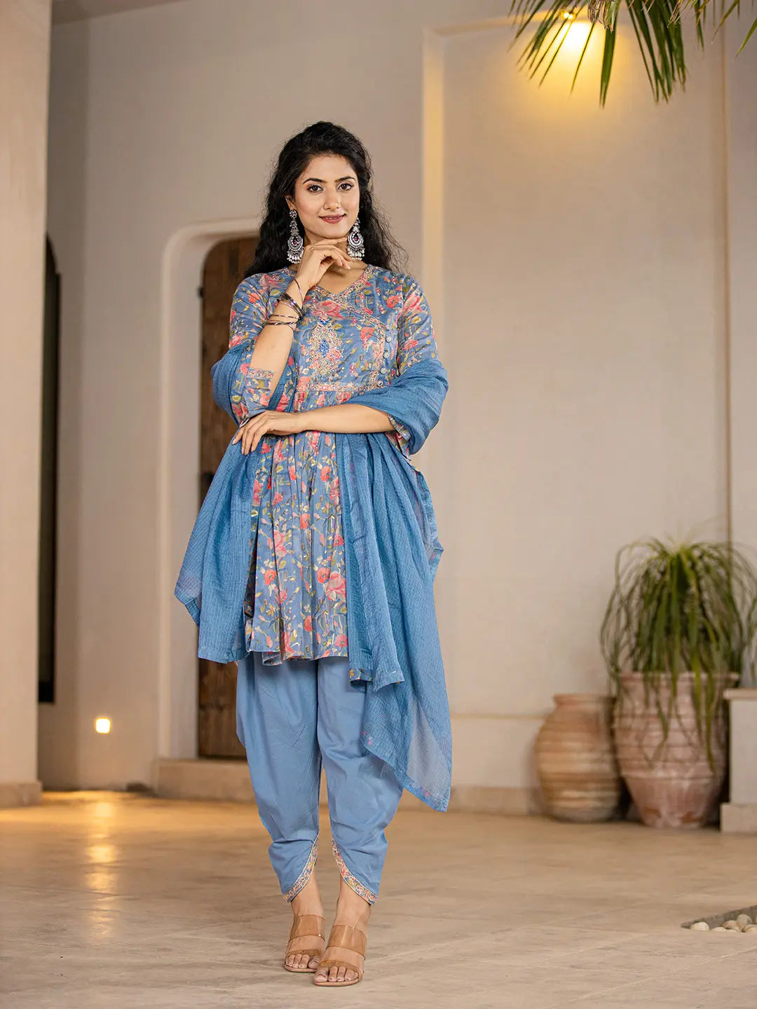 Blue Cotton Beads And Stones A-Line Gathers Kurta And Dhoti Pants With Dupatta Set-Yufta Store-1694SKDBLS