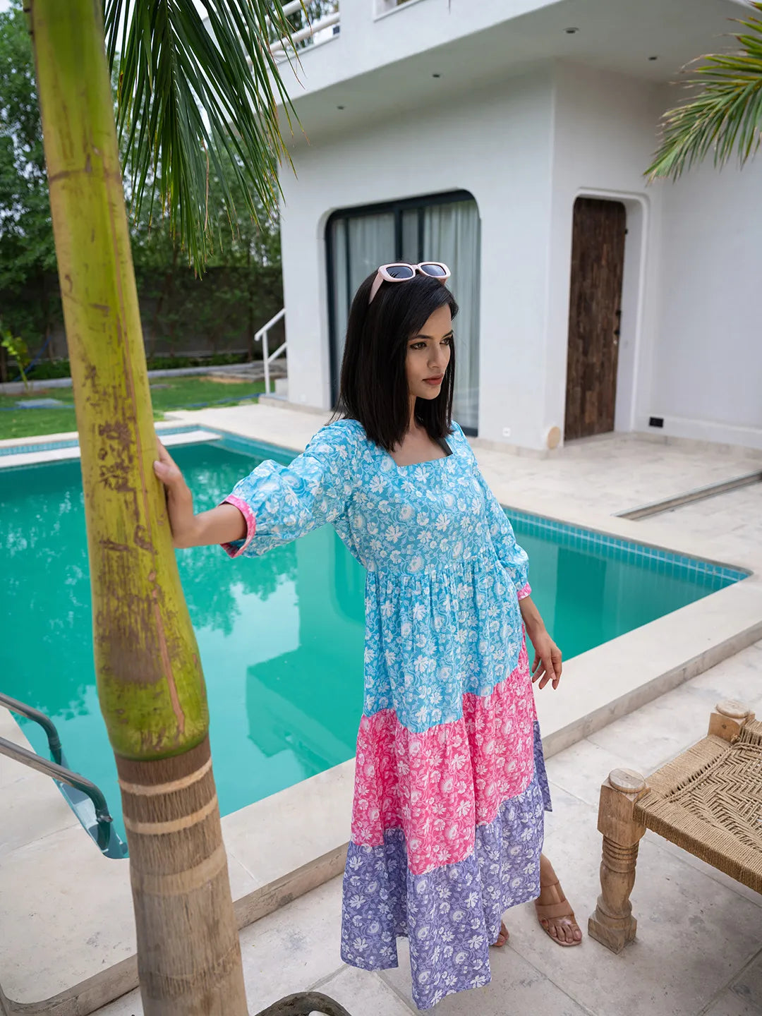 Blue Cotton Colour Blocking Tiered Dress - Main Image