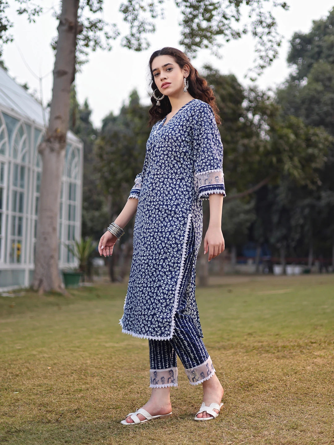Blue Cotton Ethnic Motifs Lace Work Straight Kurta Trouser Set