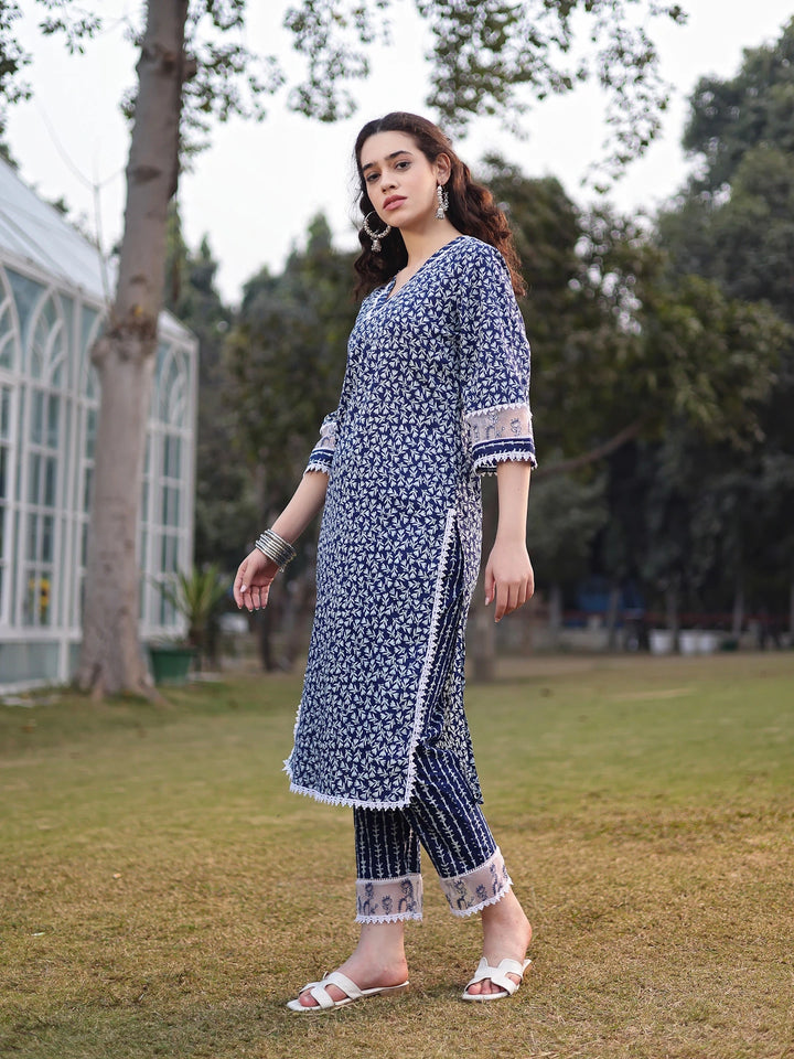 Blue Cotton Ethnic Motifs Lace Work Straight Kurta Trouser Set