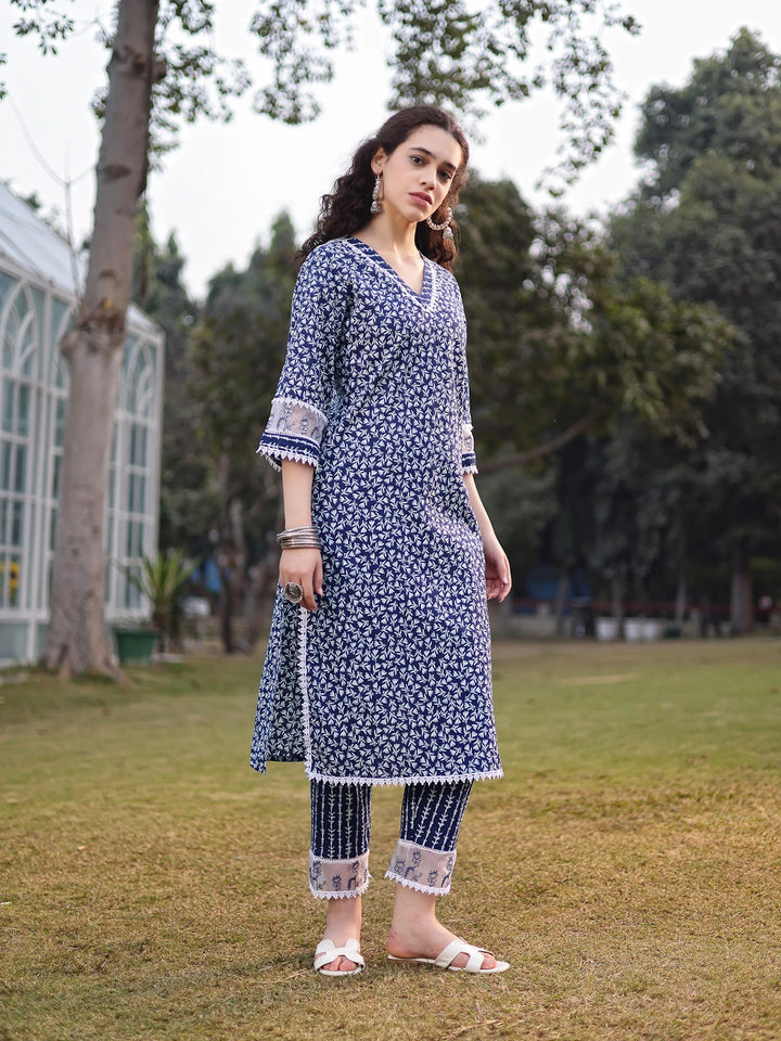 Blue Cotton Ethnic Motifs Lace Work Straight Kurta Trouser Set