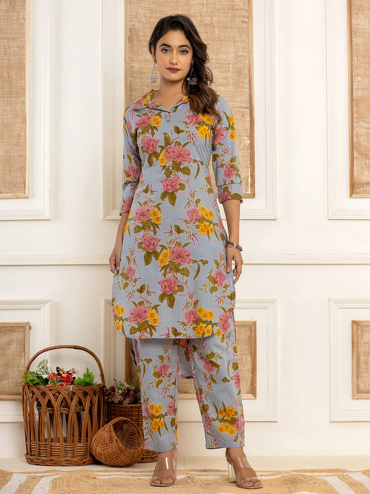 Blue Cotton Floral Print Striped Print Co-Ord Set-Yufta Store-6929CRDBLS