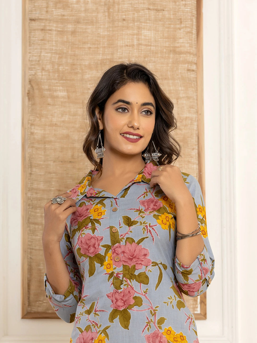 Blue Cotton Floral Print Striped Print Co-Ord Set-Yufta Store-6929CRDBLS