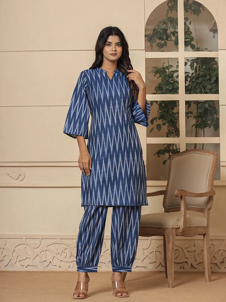 Blue Cotton Ikat Co-Ord Set-Yufta Store-6952CRDBLS