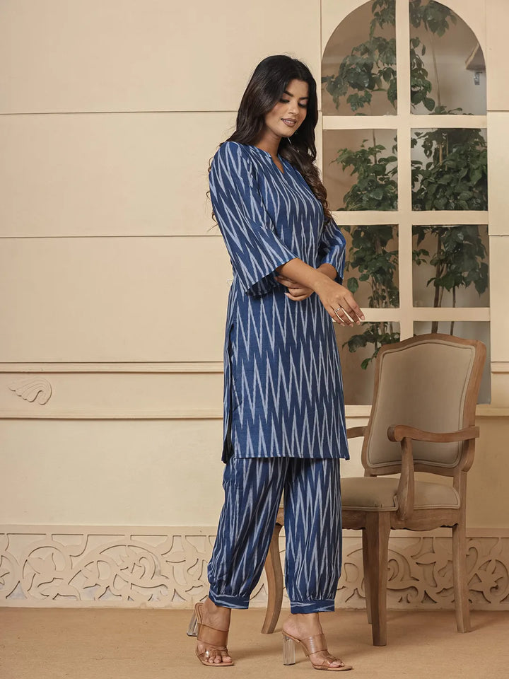 Blue Cotton Ikat Co-Ord Set-Yufta Store-6952CRDBLS