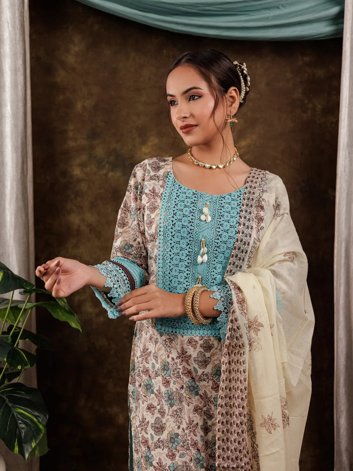 Blue Cotton Kurta Dupatta Set With Lace Detailing-Yufta Store-7178SKDBLS