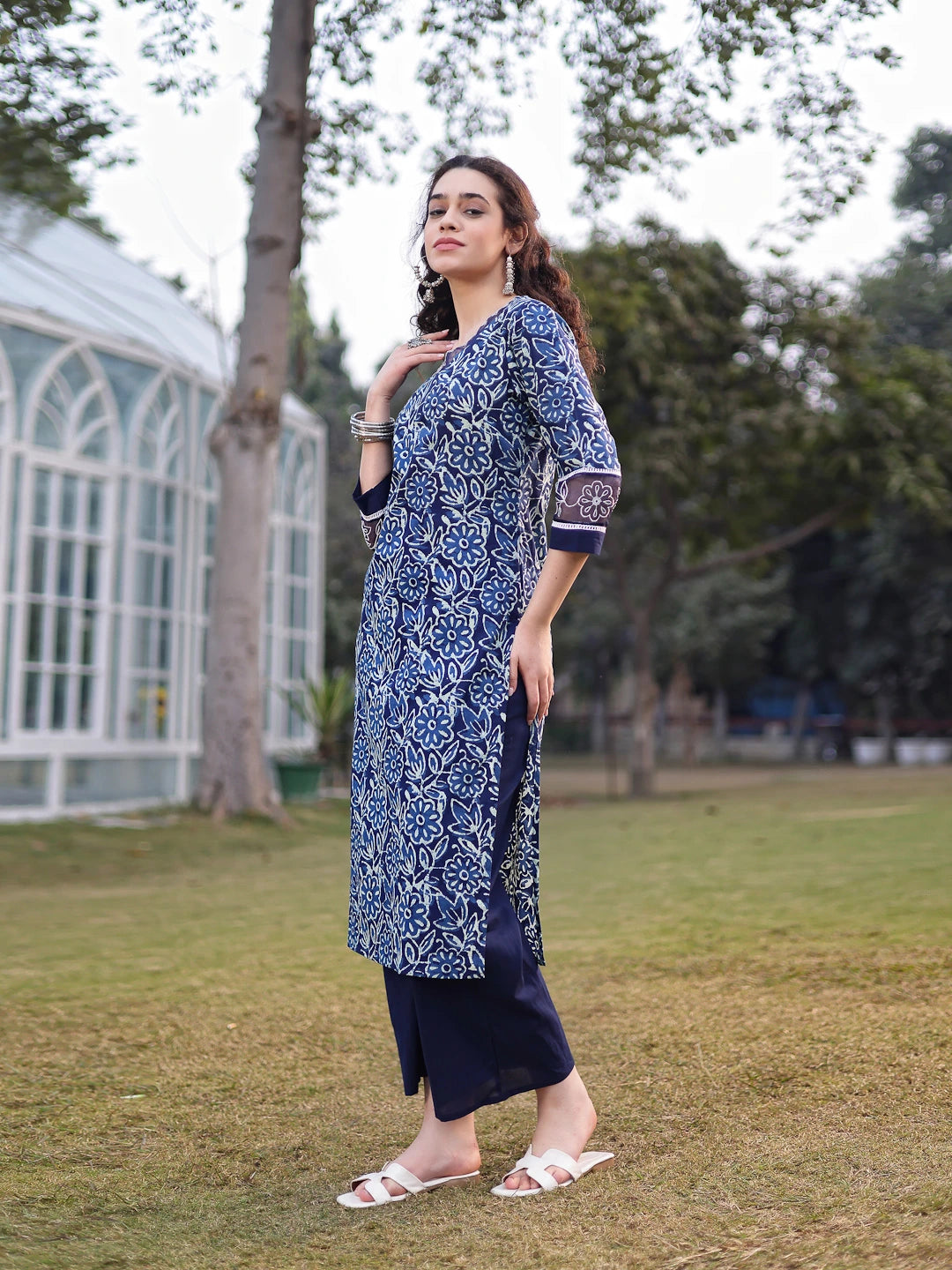 Blue Cotton Lace Work Square Neck Straight Kurta Palazzo Set