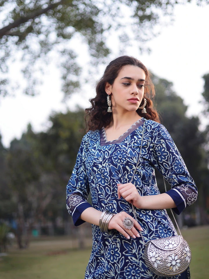 Blue Cotton Lace Work Square Neck Straight Kurta Palazzo Set