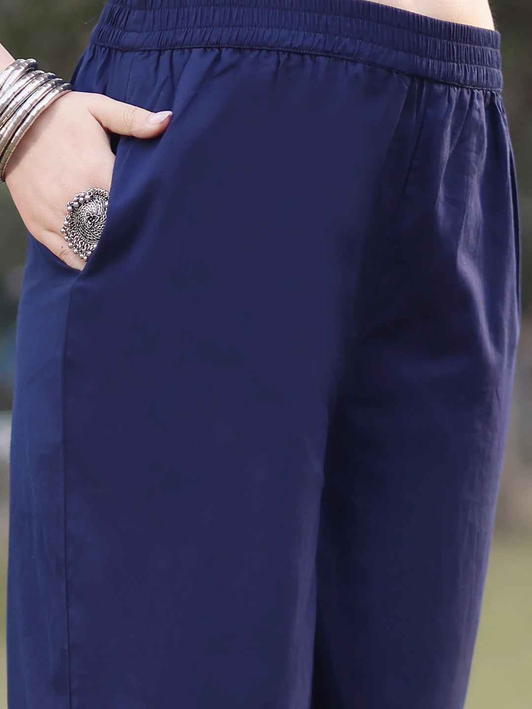 Blue Cotton Lace Work Square Neck Straight Kurta Palazzo Set