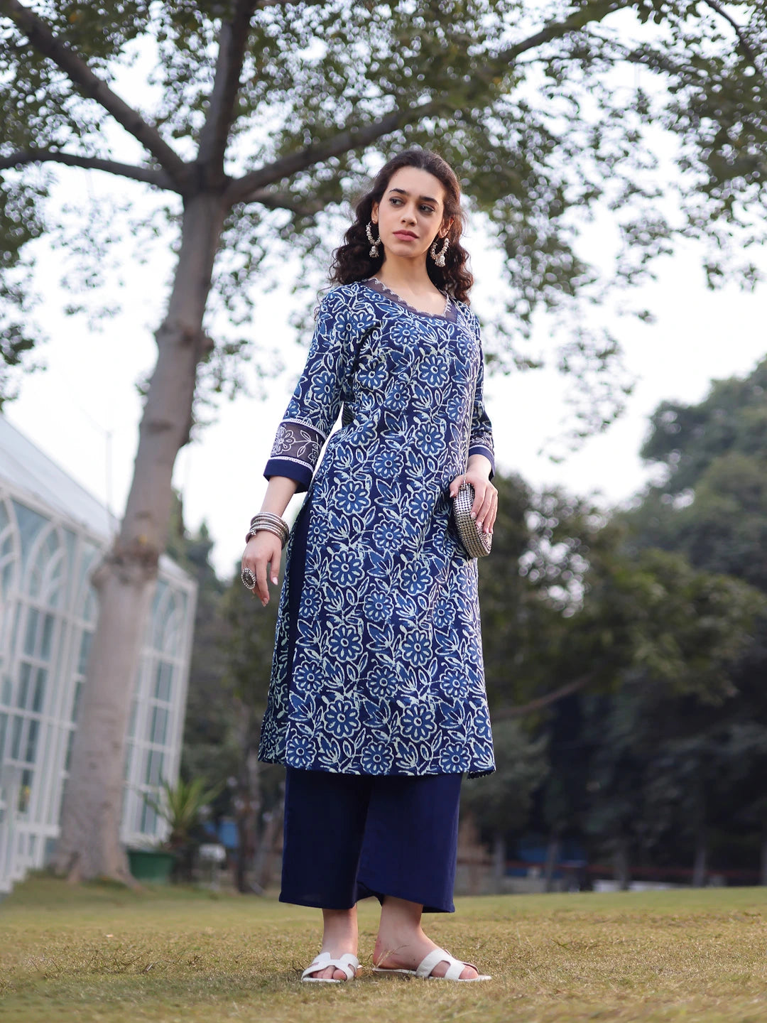Blue Cotton Lace Work Square Neck Straight Kurta Palazzo Set