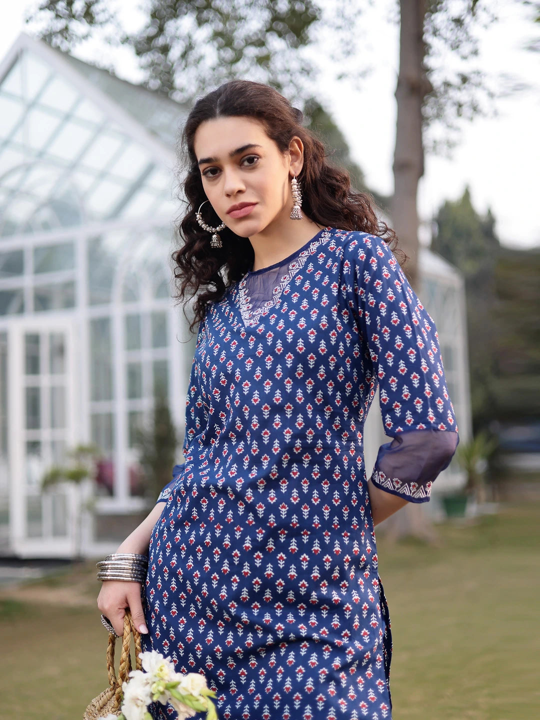 Blue Cotton Lace Work Straight Kurta Palazzo Set