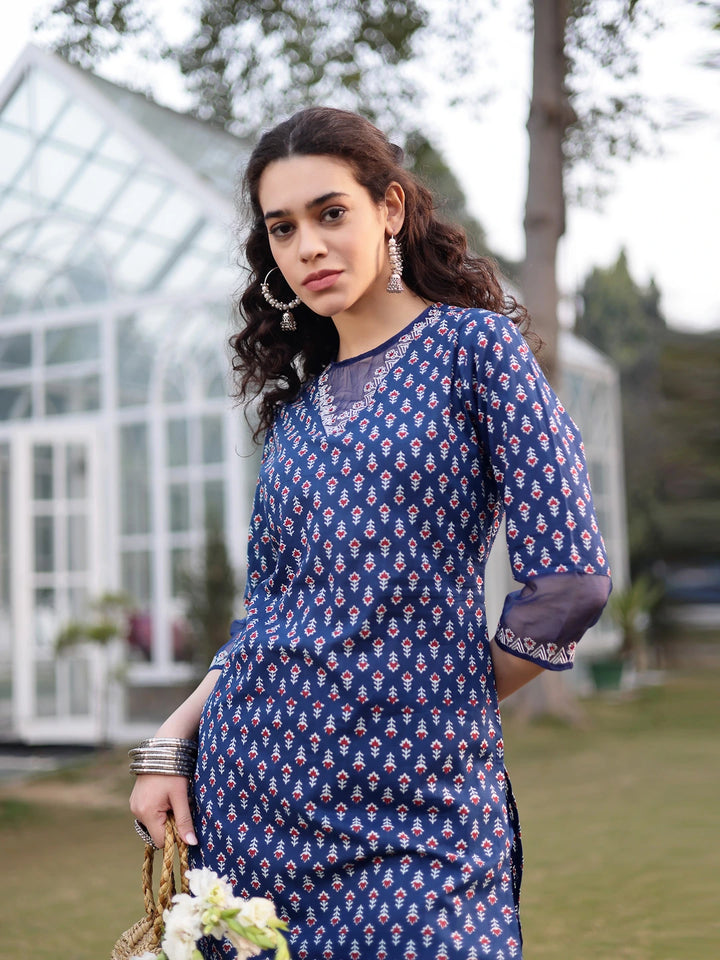 Blue Cotton Lace Work Straight Kurta Palazzo Set