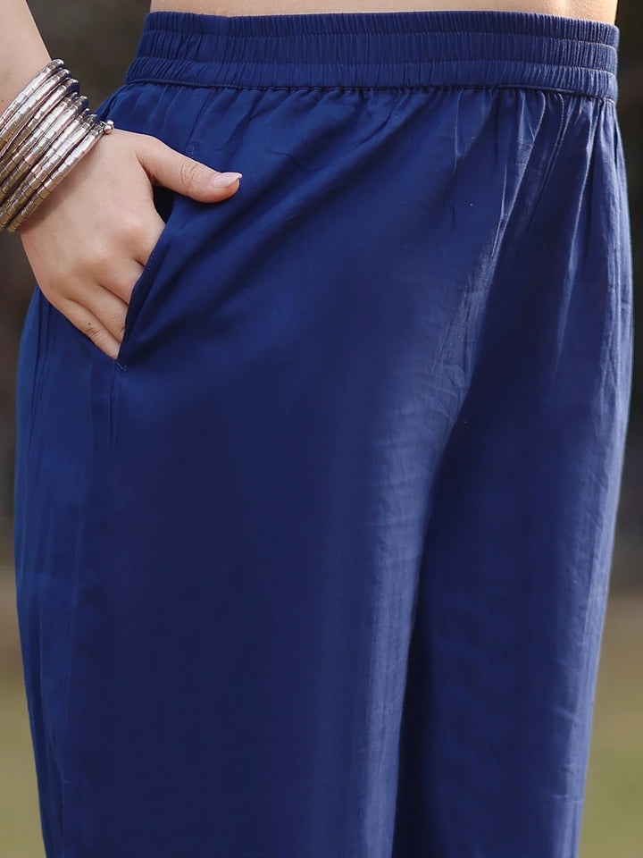 Blue Cotton Lace Work Straight Kurta Palazzo Set