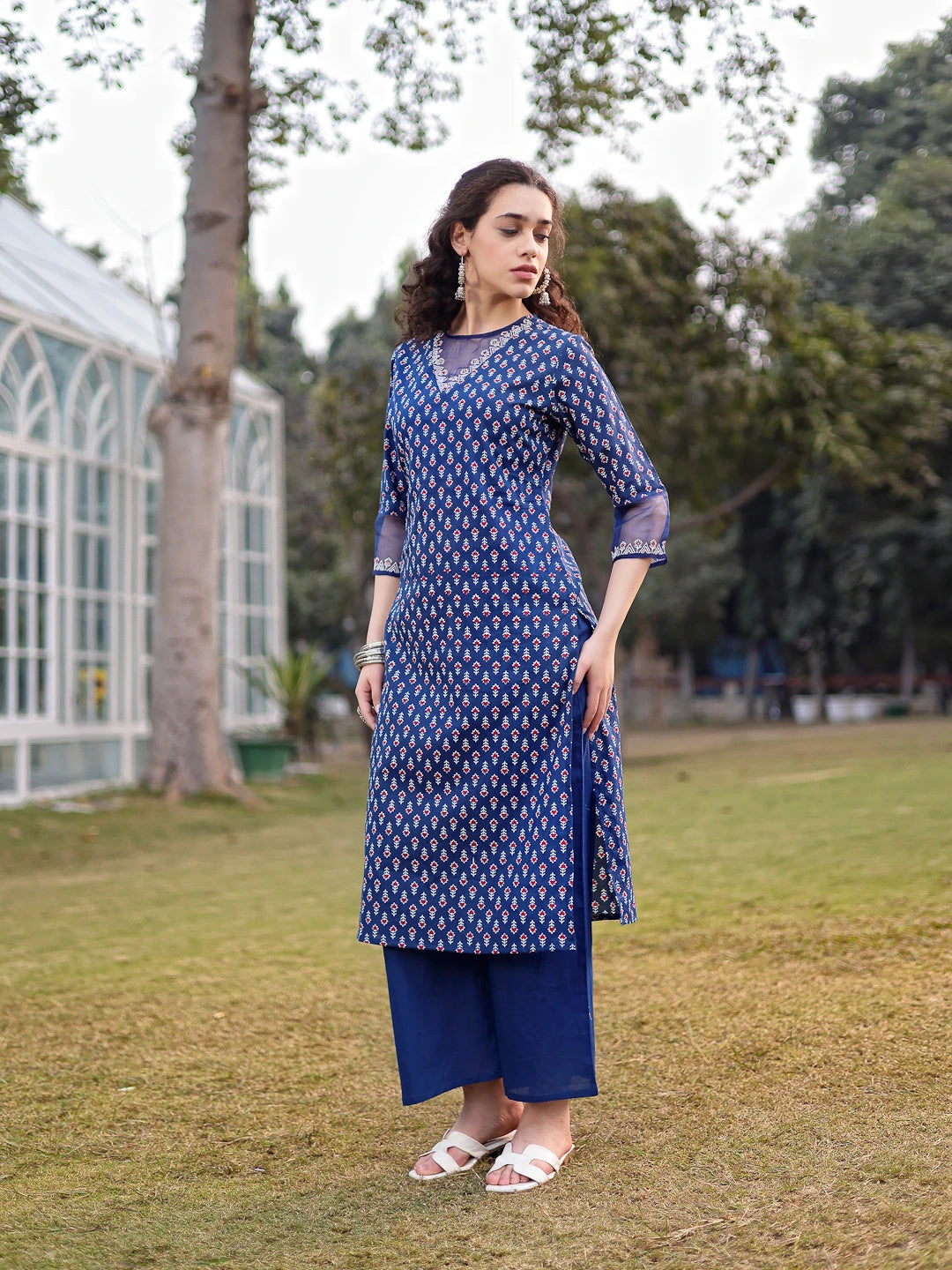 Blue Cotton Lace Work Straight Kurta Palazzo Set