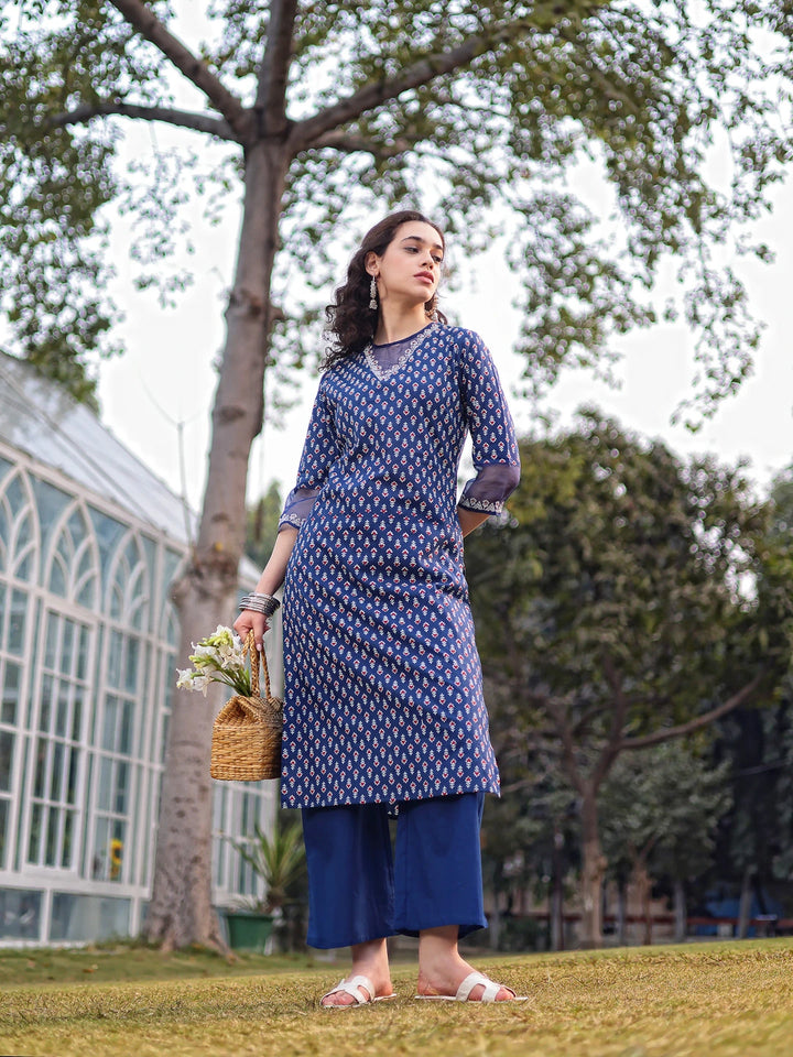 Blue Cotton Lace Work Straight Kurta Palazzo Set