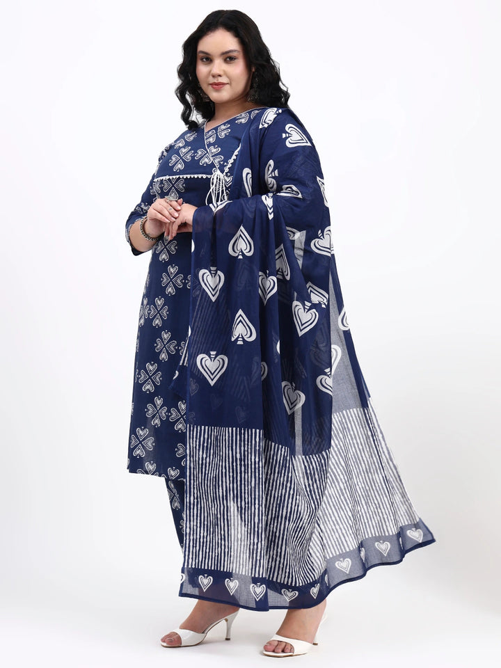Blue Cotton Lace-Work Straight Kurta Pant Dupatta Set-Yufta Store-7543PSKDBL3XL