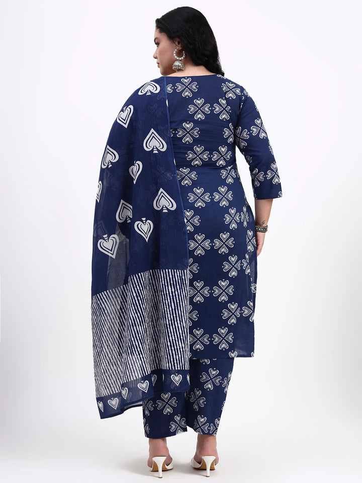 Blue Cotton Lace-Work Straight Kurta Pant Dupatta Set-Yufta Store-7543PSKDBL3XL