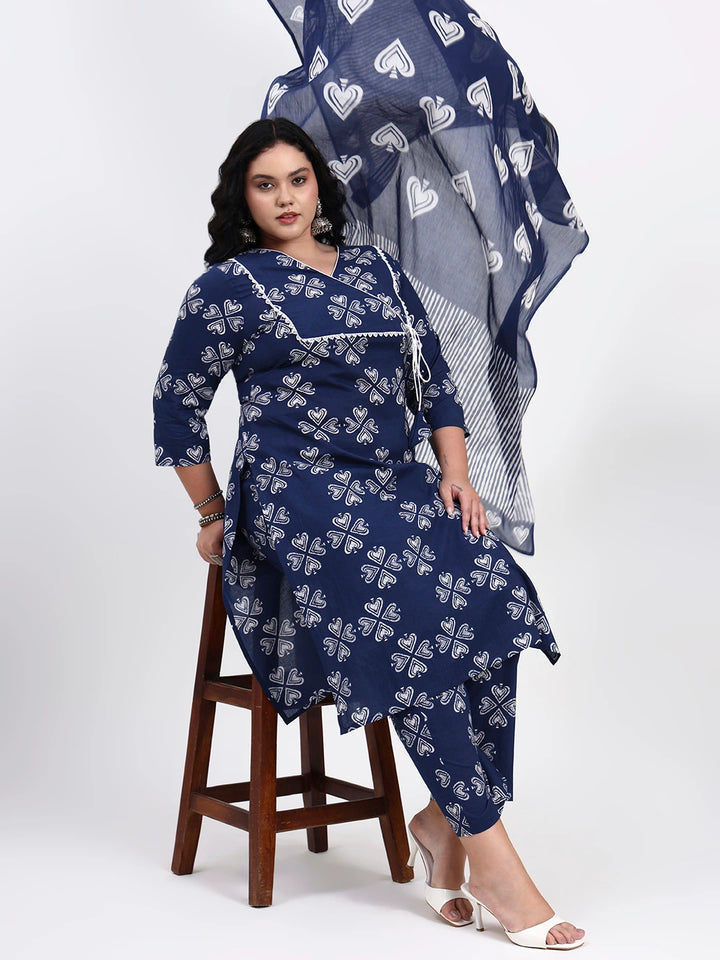 Blue Cotton Lace-Work Straight Kurta Pant Dupatta Set-Yufta Store-7543PSKDBL3XL