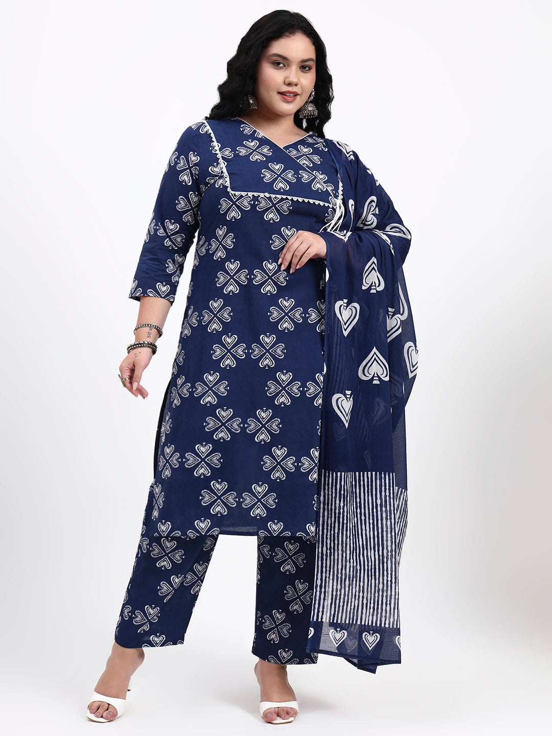 Blue Cotton Lace-Work Straight Kurta Pant Dupatta Set-Yufta Store-7543PSKDBL3XL
