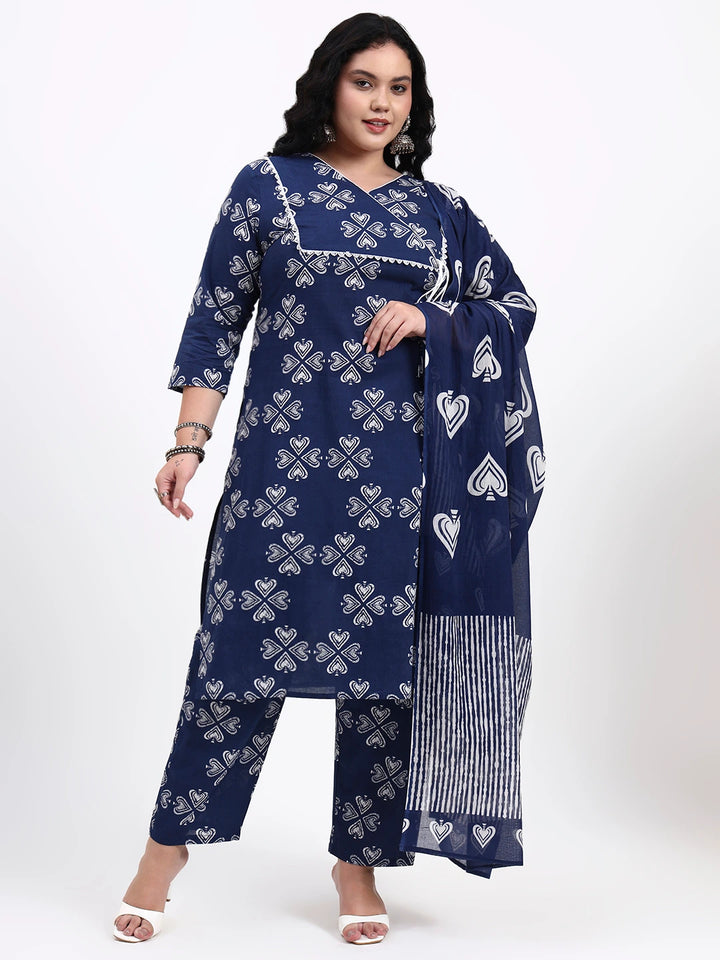 Blue Cotton Lace-Work Straight Kurta Pant Dupatta Set-Yufta Store-7543PSKDBL3XL