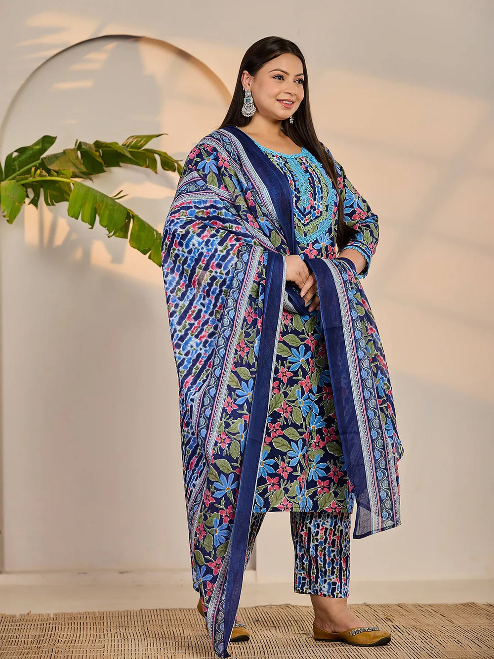 Blue Cotton Lace Work Straight Plus Size Kurta Trouser Dupatta Set-Yufta Store-6434PSKDBL3XL