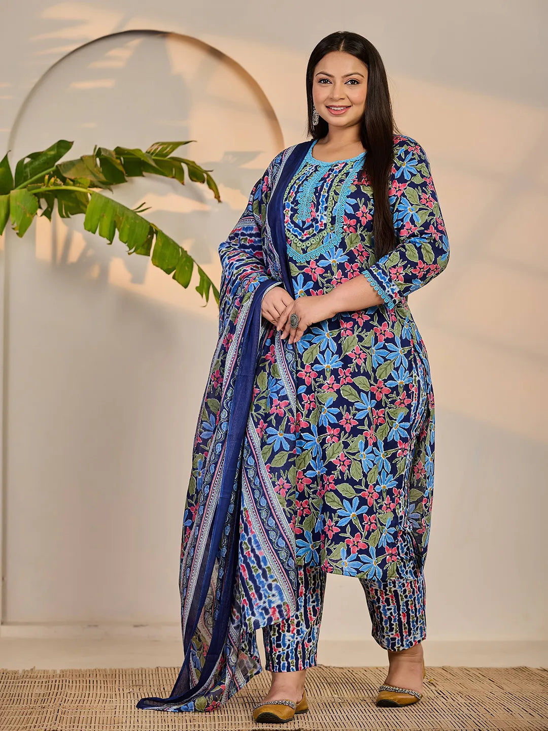 Blue Cotton Lace Work Straight Plus Size Kurta Trouser Dupatta Set-Yufta Store-6434PSKDBL3XL