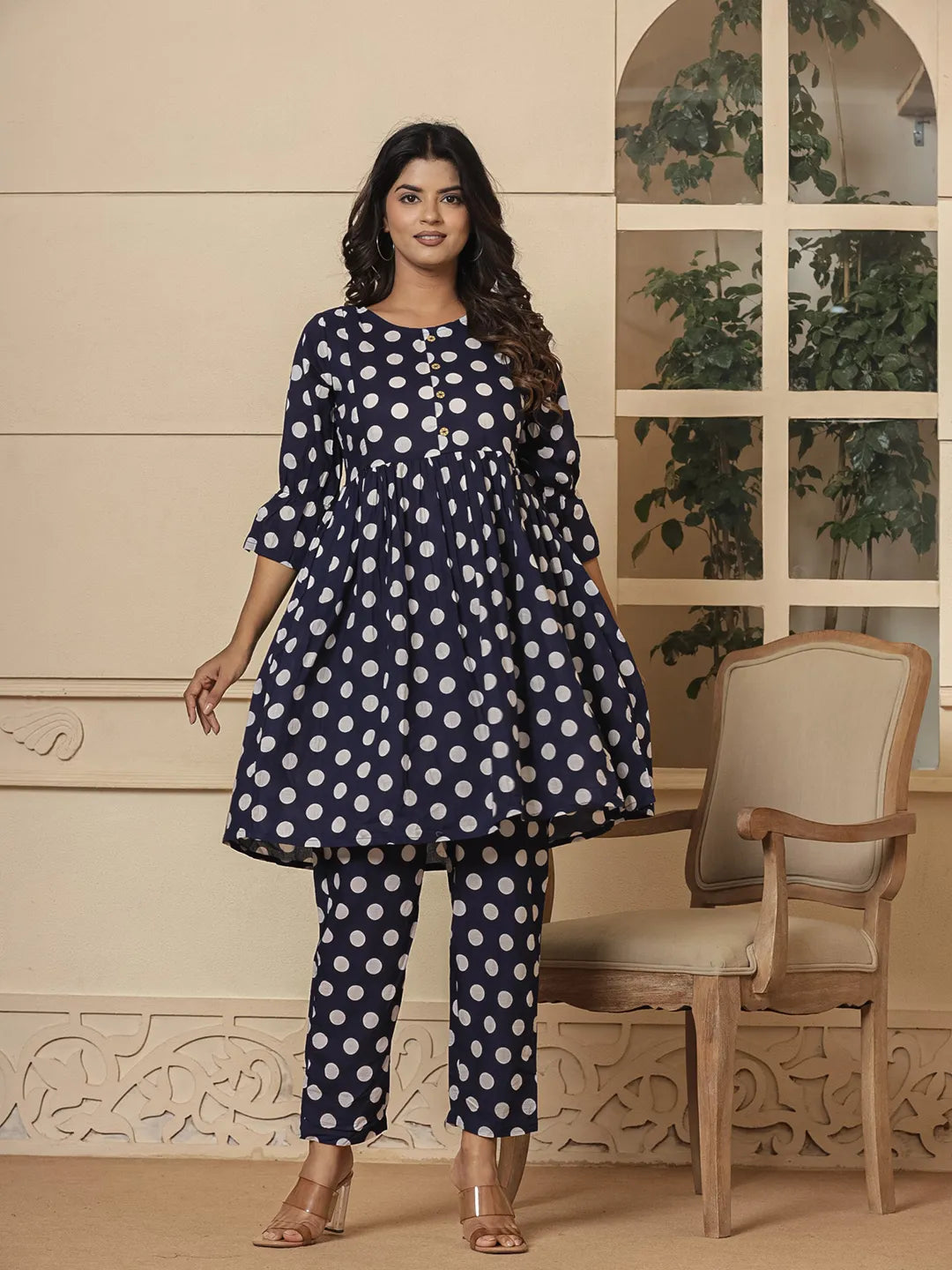 Blue Cotton Polka Dot Print Maternity Wear Kurta Pants Set-Yufta Store-7028SETBLS