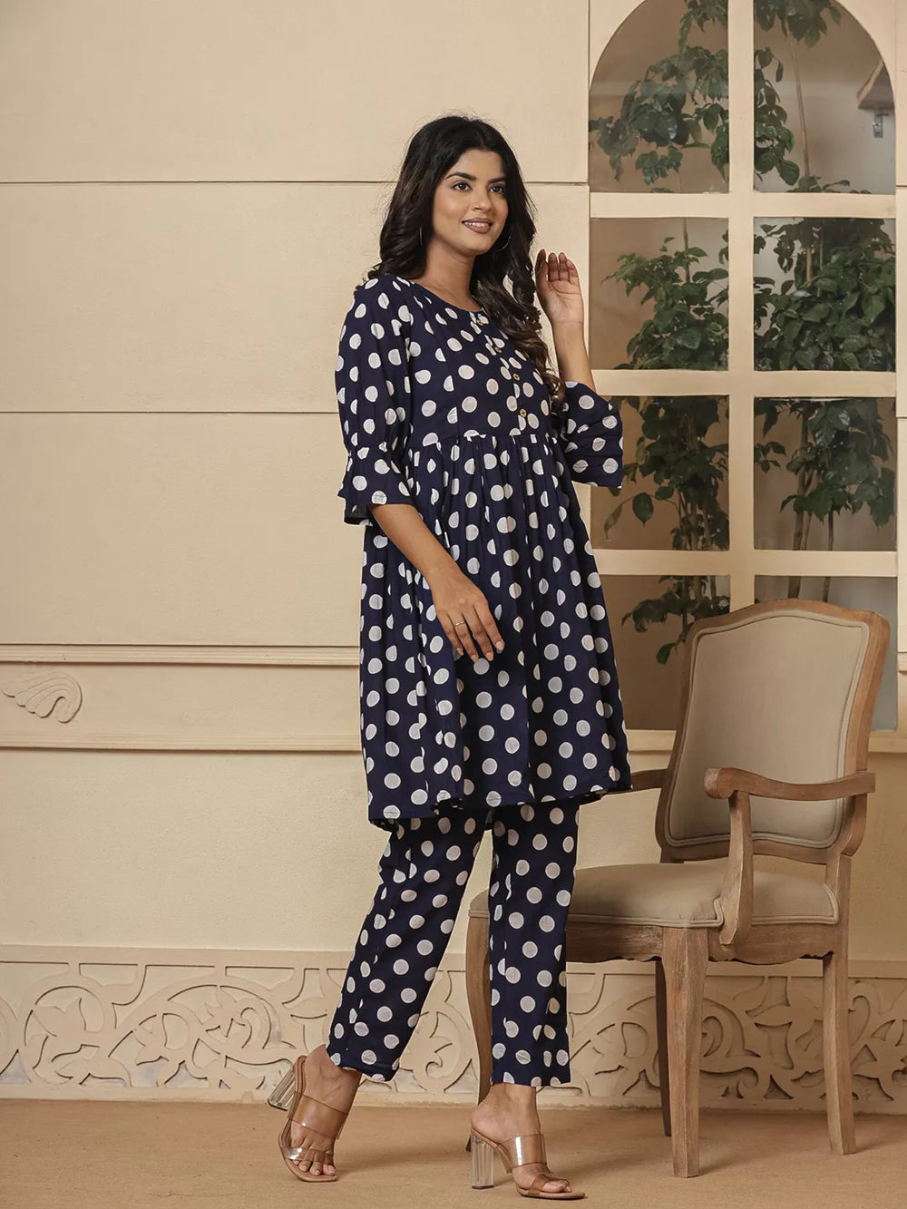 Blue Cotton Polka Dot Print Maternity Wear Kurta Pants Set-Yufta Store-7028SETBLS