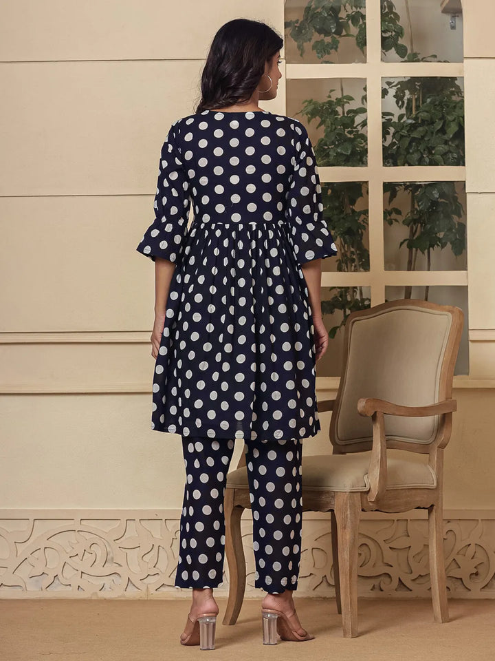 Blue Cotton Polka Dot Print Maternity Wear Kurta Pants Set-Yufta Store-7028SETBLS