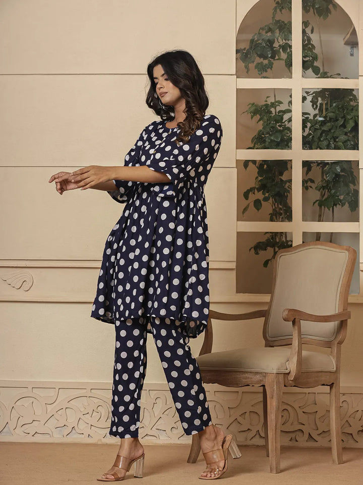 Blue Cotton Polka Dot Print Maternity Wear Kurta Pants Set-Yufta Store-7028SETBLS