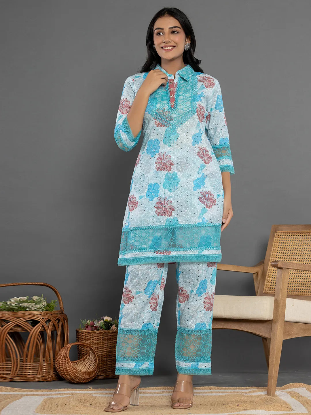 Blue Cotton Schiffli Co-Ord Set With Lace Detailing-Yufta Store-7192CRDBLS