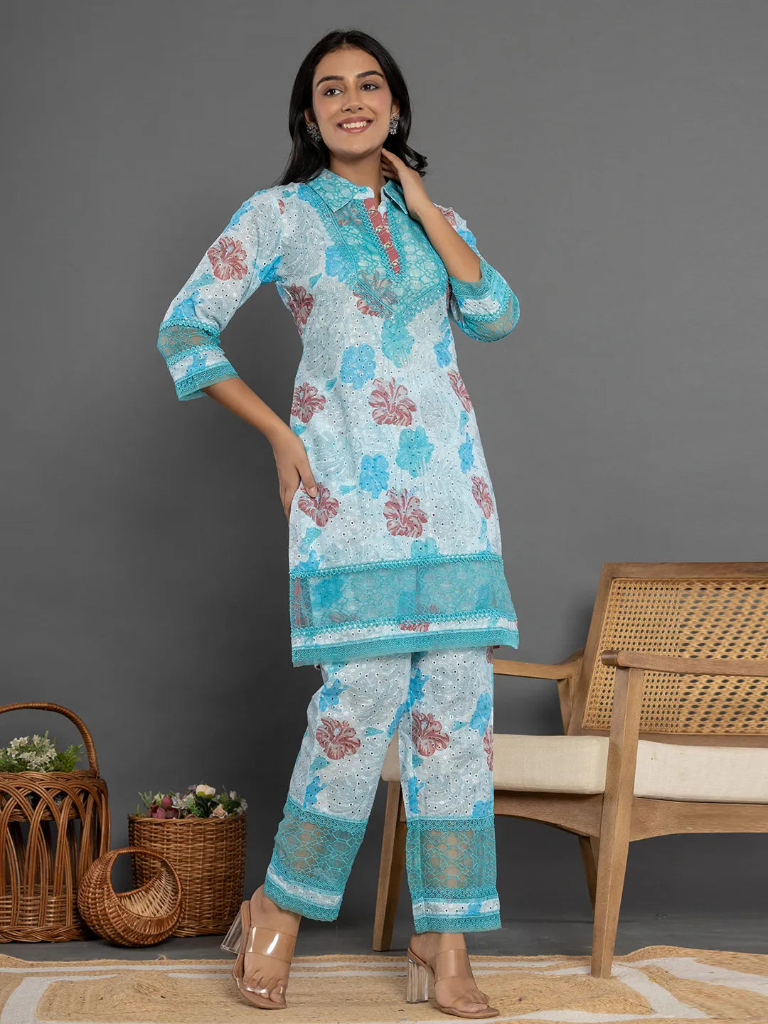 Blue Cotton Schiffli Co-Ord Set With Lace Detailing-Yufta Store-7192CRDBLS