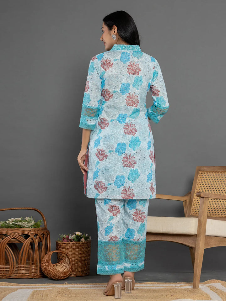 Blue Cotton Schiffli Co-Ord Set With Lace Detailing-Yufta Store-7192CRDBLS