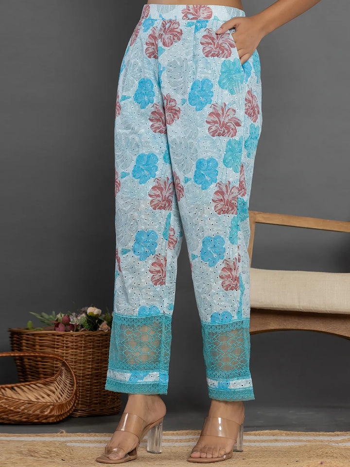 Blue Cotton Schiffli Co-Ord Set With Lace Detailing-Yufta Store-7192CRDBLS