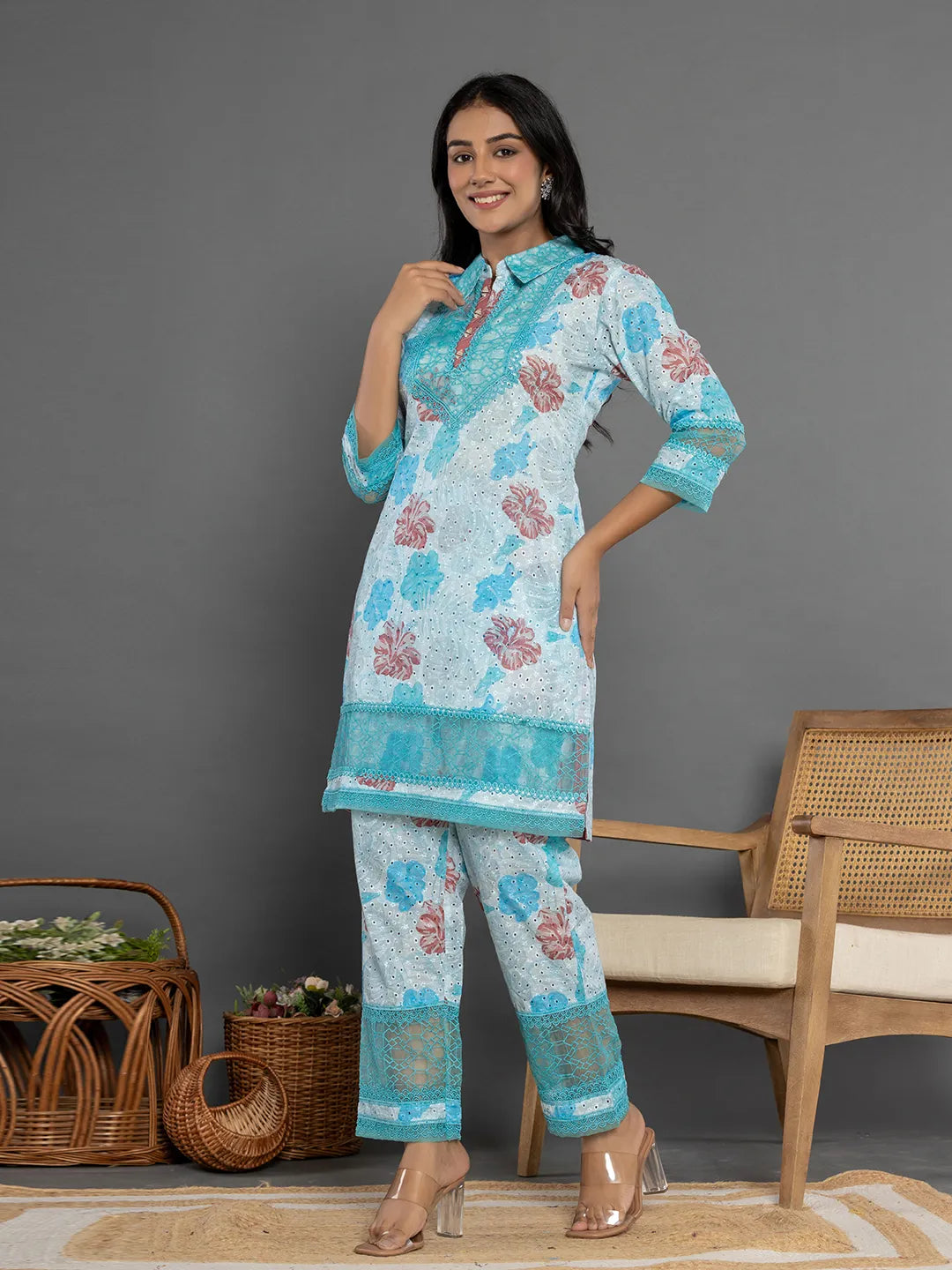 Blue Cotton Schiffli Co-Ord Set With Lace Detailing-Yufta Store-7192CRDBLS