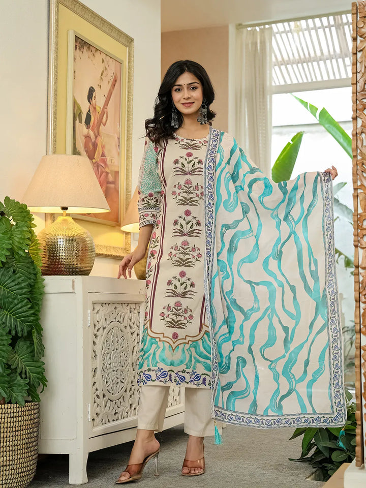 Blue Cotton Straight Floral Print Beads And Stones Lace Work Kurta Dupatta Set