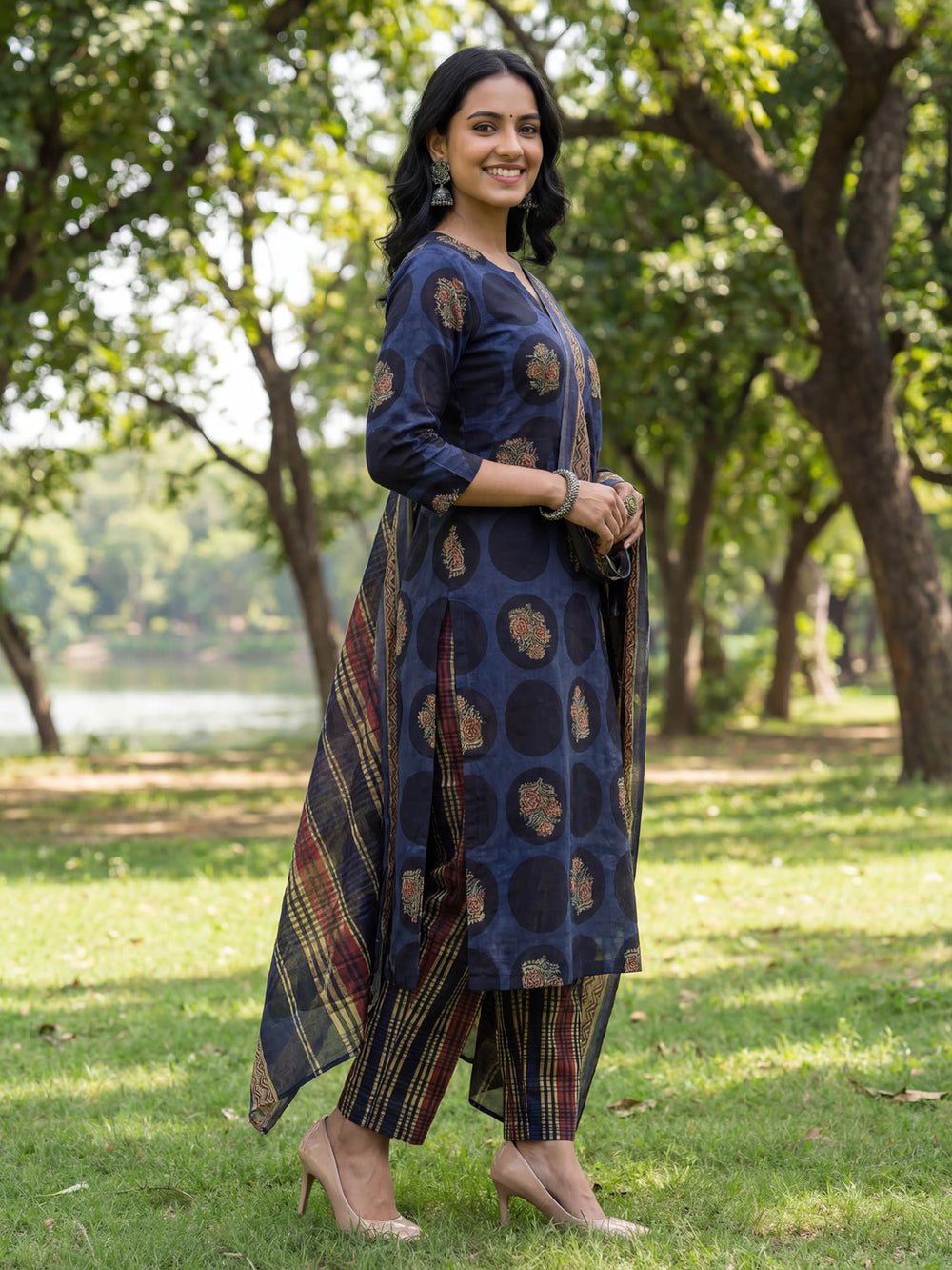 Blue Cotton Straight Floral Print Kurta Trouser Dupatta Set-Yufta Store-7672SKDBLM