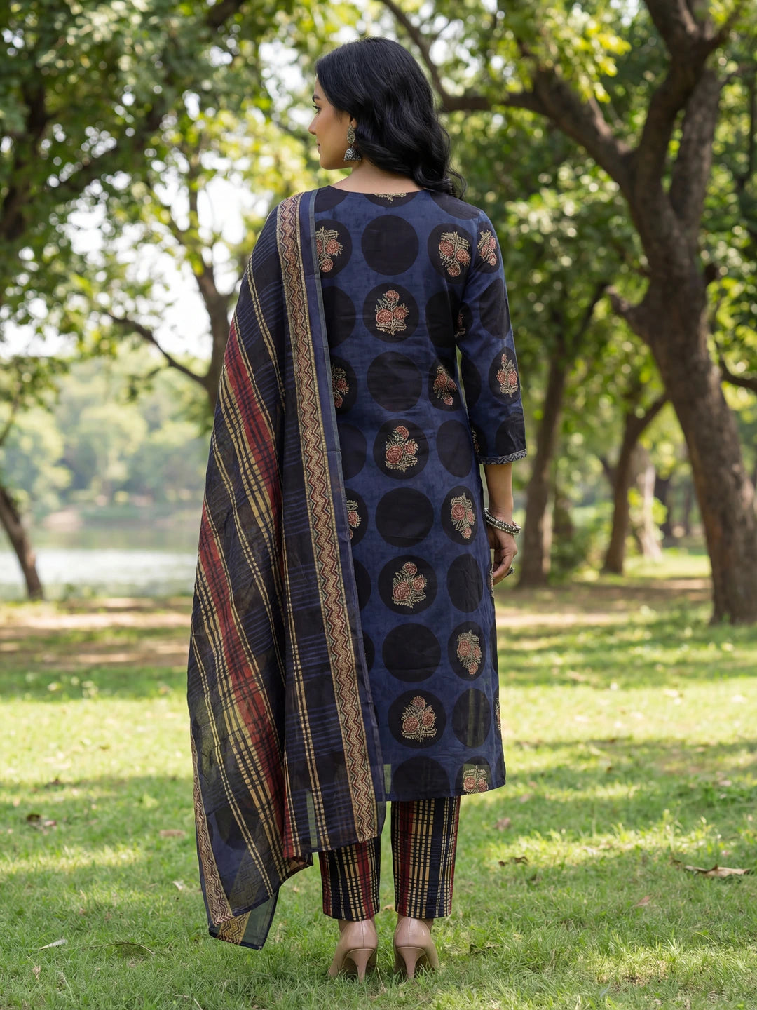 Blue Cotton Straight Floral Print Kurta Trouser Dupatta Set-Yufta Store-7672SKDBLM