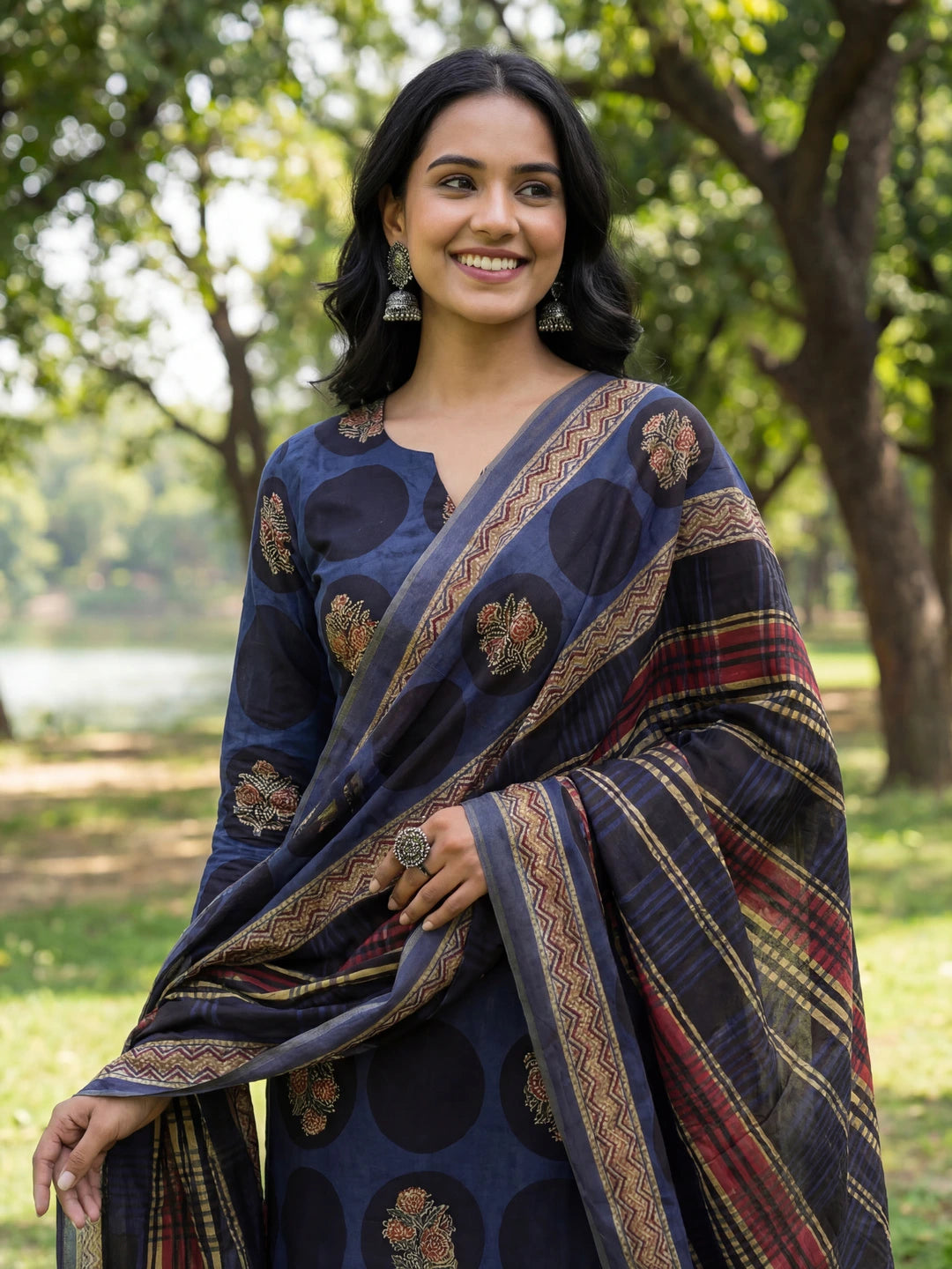 Blue Cotton Straight Floral Print Kurta Trouser Dupatta Set-Yufta Store-7672SKDBLM
