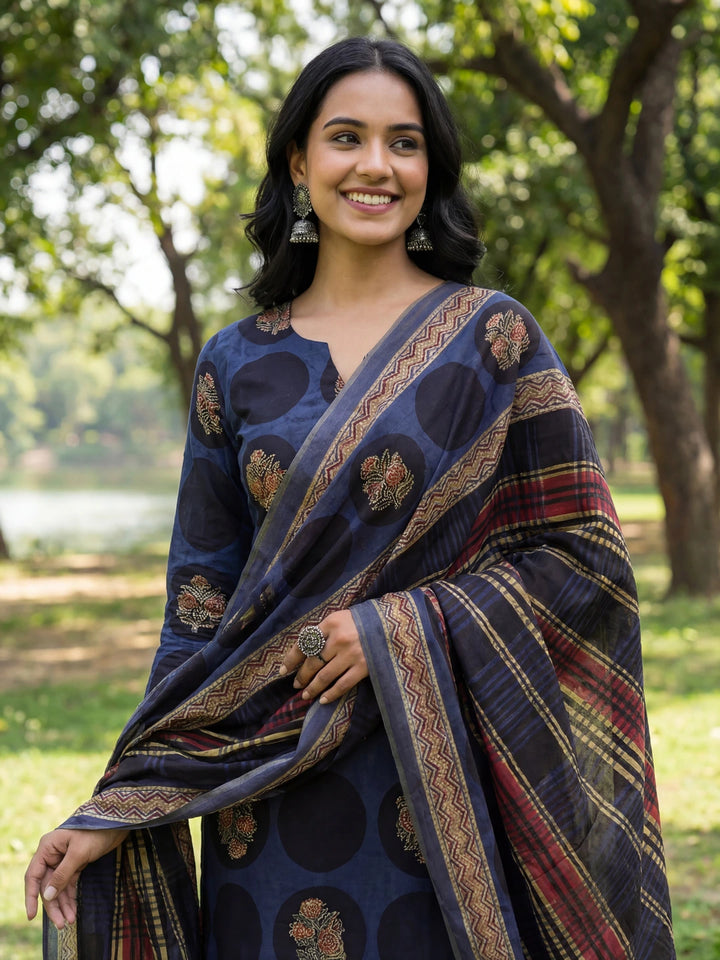 Blue Cotton Straight Floral Print Kurta Trouser Dupatta Set-Yufta Store-7672SKDBLM