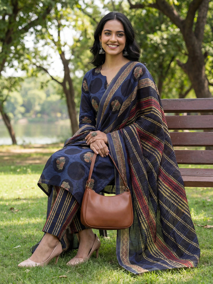 Blue Cotton Straight Floral Print Kurta Trouser Dupatta Set-Yufta Store-7672SKDBLM