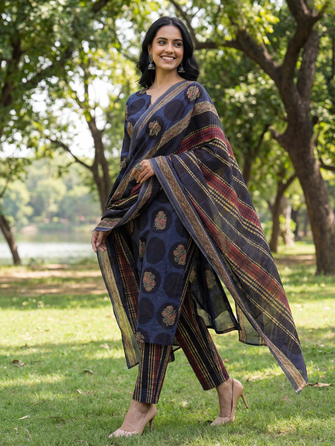Blue Cotton Straight Floral Print Kurta Trouser Dupatta Set-Yufta Store-7672SKDBLM