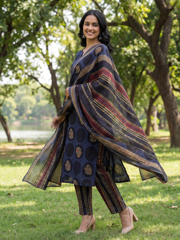 Blue Cotton Straight Floral Print Kurta Trouser Dupatta Set-Yufta Store-7672SKDBLM